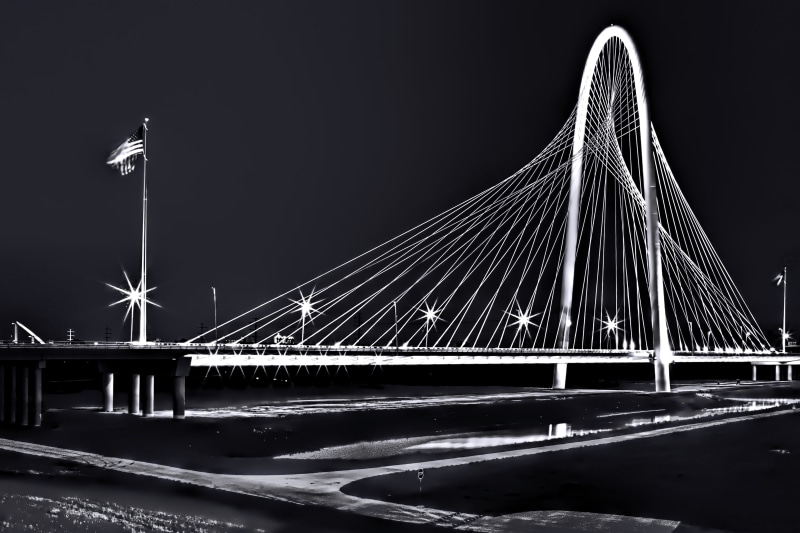 dallas, santiago calatrava black and white, night, near, bridge, illuminated, city, America, sky, nature, connection, engineering, water, river, lighted