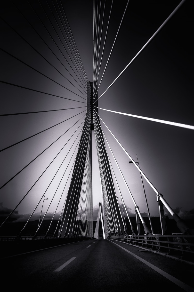 transportation, diminishing perspective, city, architecture, cable-stayed bridge, grayscale, connection, bridge, rio–antirrio bridge, photography, suspension bridge