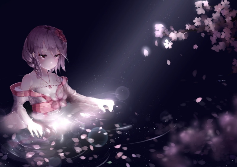 Xuan Ying, Japanese clothes, pink hair, flowers, anime, pink eyes, anime girls, water, short hair, 720P, braids
