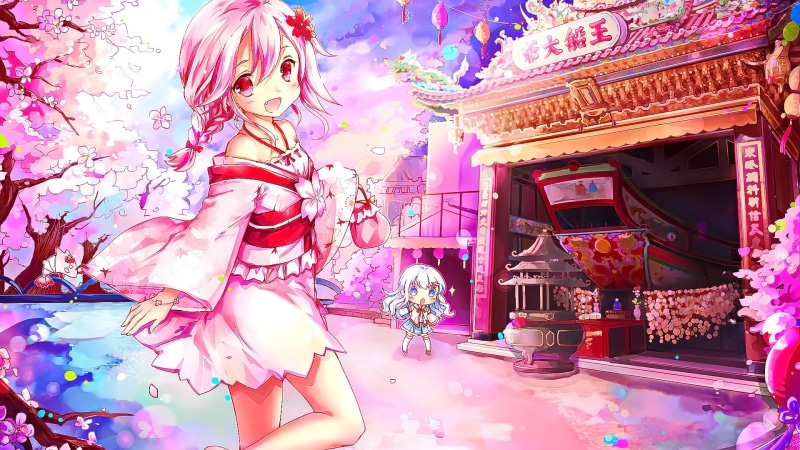 open mouth, smiling, 1080P, pink hair, pink eyes, anime, looking at viewer, Xuan Ying, anime girls, Japanese clothes, cherry blossom