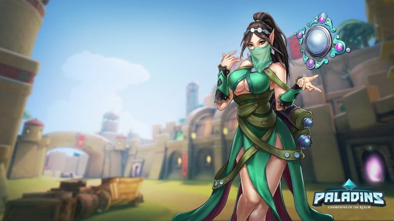 Paladins (Video Game), Green Eyes, Paladins, Brown Hair, Earrings, Smile, Belt, Mask, 1080P, Ying (Paladins), Headdress, Girl, Long Hair, Video Game, Dress