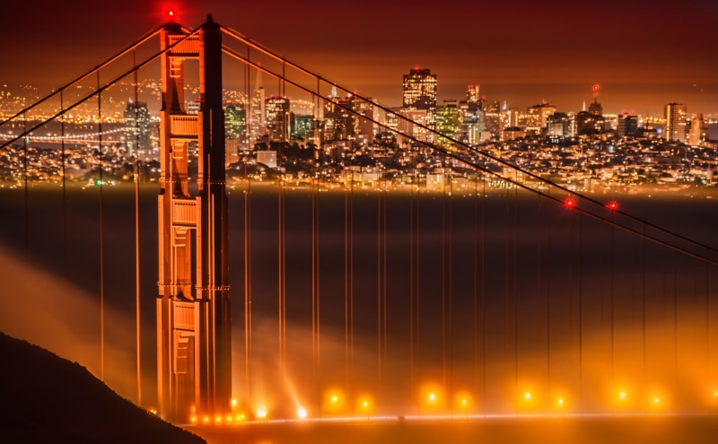 City, connection, United States, no people, transportation, fog, golden gate, Night, built structure, building exterior, illuminated, city life, travel destinations