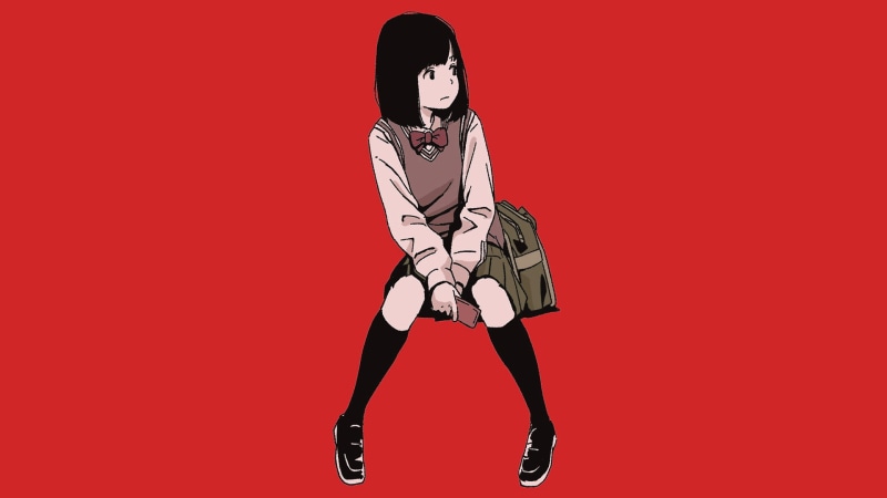 anime, schoolgirl, young adult, technology, one person, colored background, front view, adult, minimalism, child, red background, looking at camera, studio shot