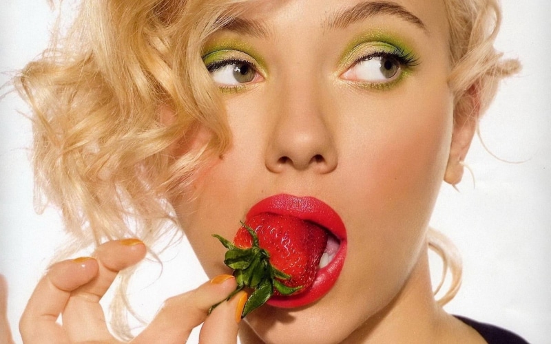 model, human face, beauty, lipstick, human lips, body part, portrait, eating, food, strawberries, studio shot, hair, red, hairstyle, mouth open, one person