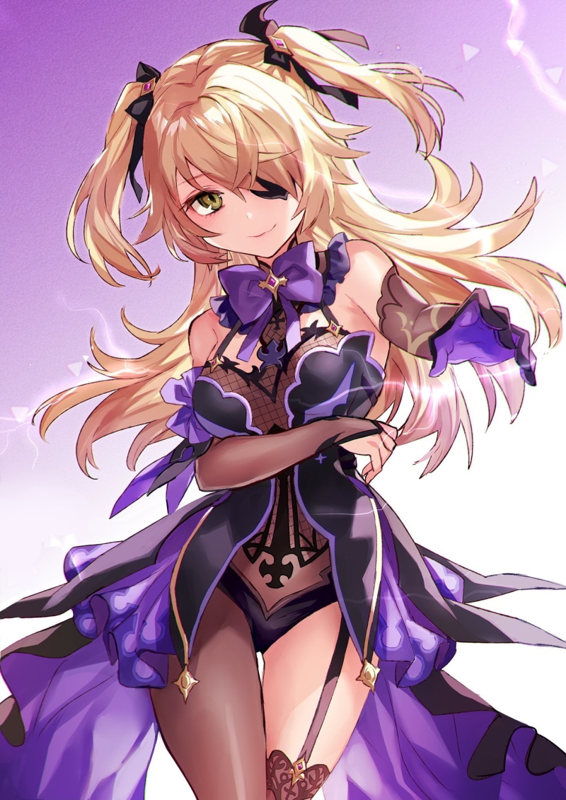 anime girls, Fischl (Genshin Impact), Genshin Impact, Yuzuki Karu, 1080P, garter straps, smiling