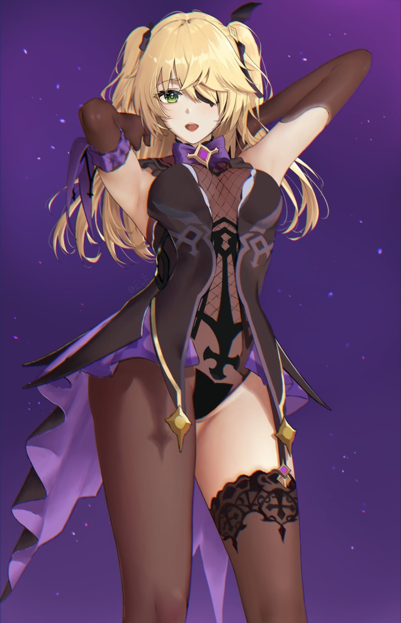 1080P, ELEaaa, Fischl (Genshin Impact), Genshin Impact, black stockings, garter straps, anime girls