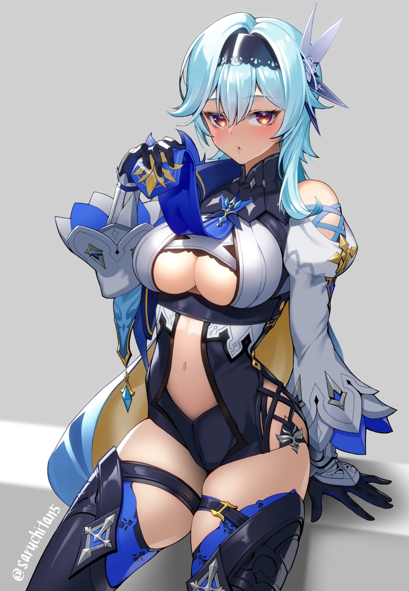 Genshin Impact, thigh-highs, dress, veils, drawing, garter (cloth), 2K, Saruchitan, blue hair, Eula(Genshin impact), Light armor, digital art, artwork