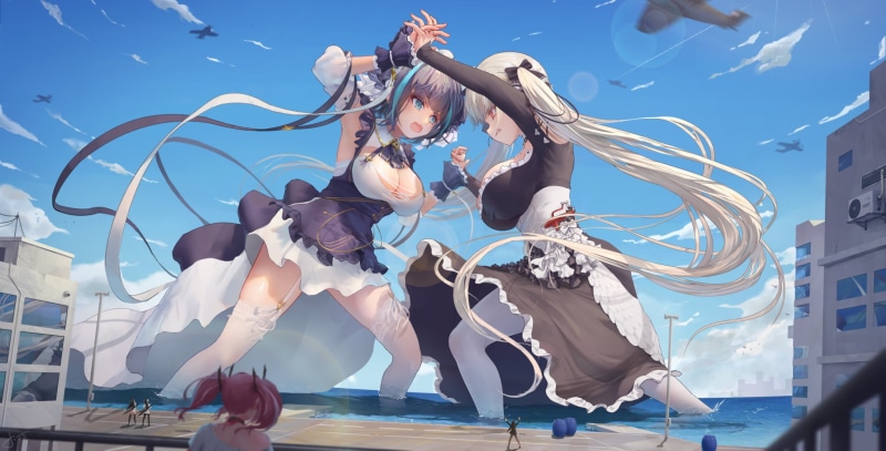 fighting, cleavage, video games, Jay Xu, maid, maid outfit, stockings, Formidable (Azur Lane), anime, video game girls, Azur Lane, kaiju, aircraft, digital art