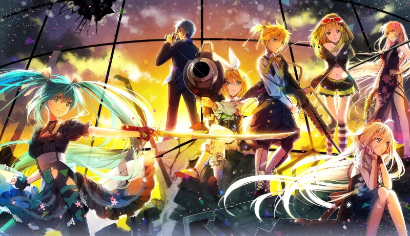 katana, weapon, kaito, gumi, dress, rin, miku, kneehighs, short, garter, Vocaloid, ia, hatsune, knife, gun, long, 1080P, len, kagamine, hakusai, sword