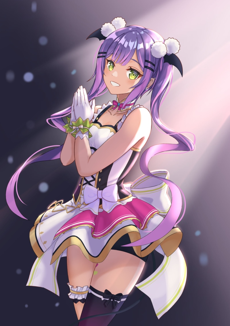 thighs, black thigh-highs, Tokoyami Towa, dress, anime girls, Jiu Fanglianhua, 2K, purple hair, Hololive, garter (cloth)