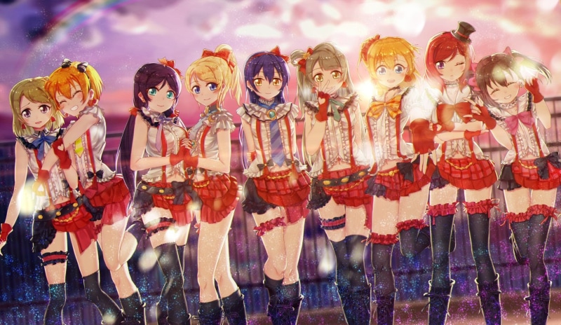 wink, bow, eri, short, hat, group, ayase, skirt, kneehighs, rin, navel, 720P, visceral, garter, long, hoshizora, gloves, nico, umi, thighhighs, hair, sonoda