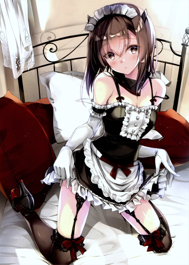 5K, high heels, brunette, satin gloves, pillow, apron, upskirt, curtains, maid, head band, brown eyes, skirt, Taihou (KanColle), uniform, thigh-highs