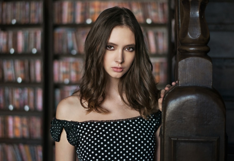 fashion, long hair, portrait, beauty, 1080P, young women, front view, standing, women, brown hair, one person, looking at camera, bare shoulders, teenager