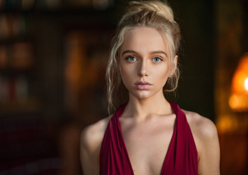 headshot, Maria Popova, one person, hair, 1080P, blond hair, beautiful people, serious, Maxim Maximov, blonde, front view, fashion, women, hairstyle, clothing