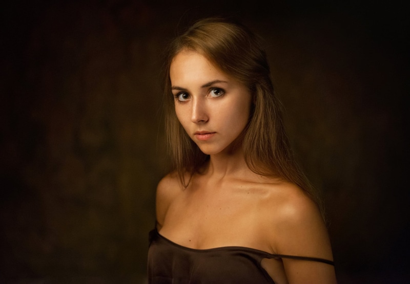 headshot, contemplation, semi-dress, young adult, hair, dark, fashion, Maxim Maximov, 1080P, strapless, adult, portrait, women, brown hair, glamour, one person