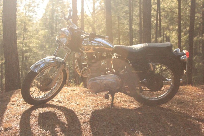 helmet, royal enfield, land vehicle, motorcycle, transportation, outdoors, 4K, nature, crash helmet, forest, day, sport, bicycle, one person, mode of transportation