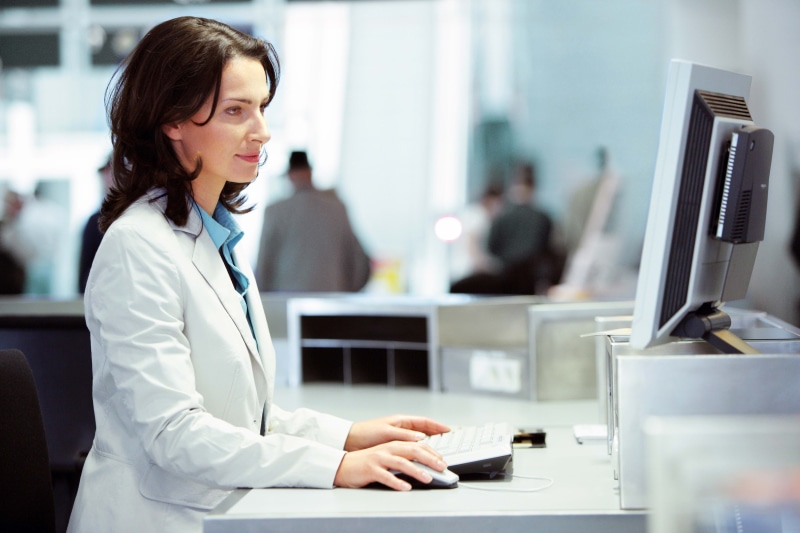 looking, internet, desktop PC, professional Occupation, cheerful, busy, smiling, keyboard, computer equipment, connection, doctor, one Woman Only, woman