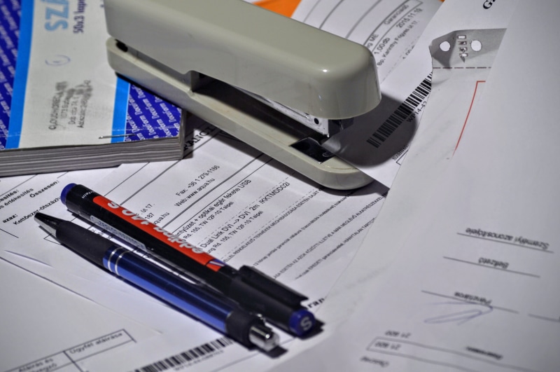 accounting, paper, no people, still life, gray, office, indoors, close-up, bookkeeper, pen, blood, equipment, technology, high angle view, invoice book