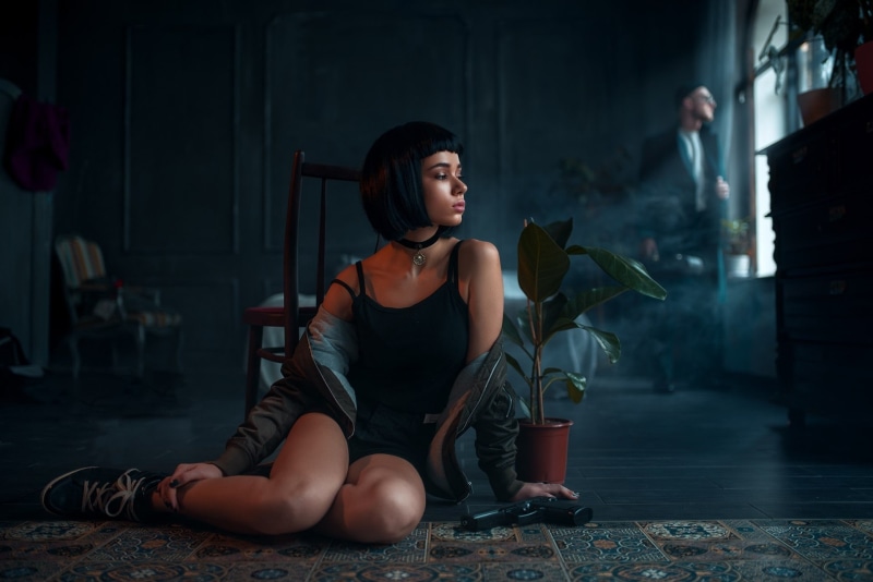 Léon: The Professional, men, dress, full length, focus on foreground, cosplay, women, model, looking away, contemplation, home interior, s, one person