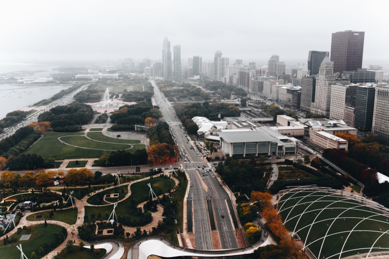 no people, city, nature, skyscraper, mist, illinois, sky, fog, trees, street, built structure, building exterior, water, millennium park, downtown, park