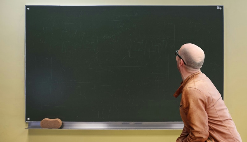 smart, rear view, males, thinking, indoors, standing, career, class room, learning, blackboard, board, clothing, teacher, senior men, real people, training