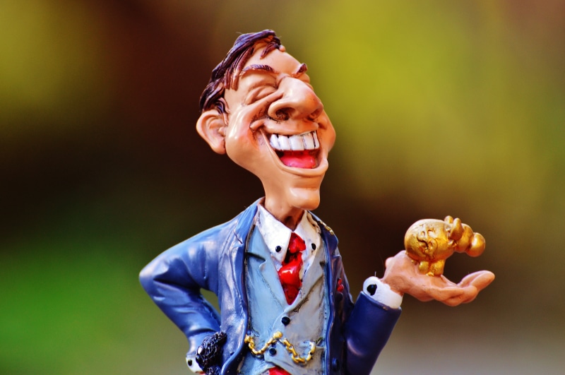 laughing, smiling, figurine, casual clothing, enjoyment, cheerful, happiness, capital market, adult, speculation, 4K, man, mouth open, gold, front view