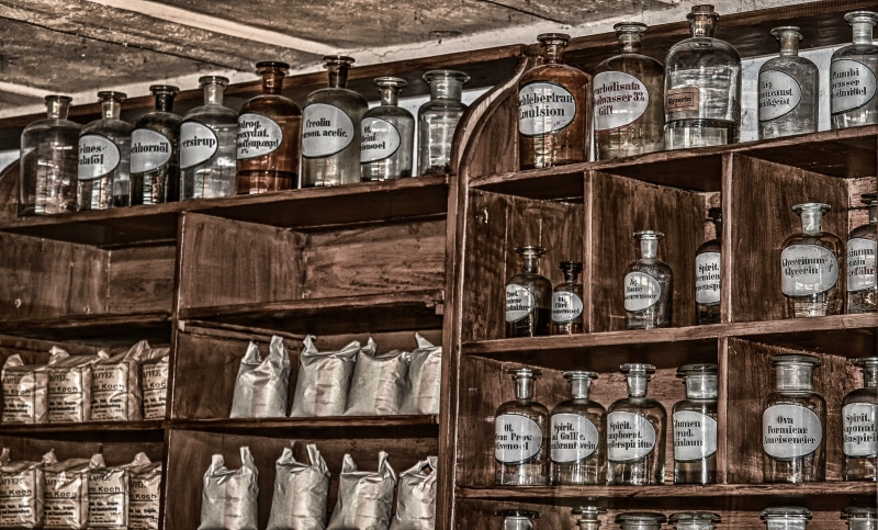 glass bottles, bottle, container, old, bags, shelf, abundance, drug, antique, chemicals, lot, refreshment, bottles, no people, stock, large group of objects