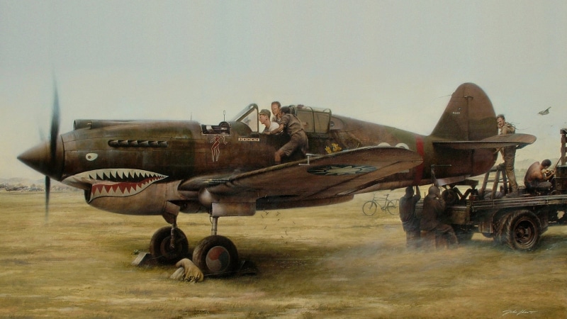sky, mode of transportation, outdoors, military, Curtiss P-40, repair, 2K, adult, airplane, transportation, briefing, travel, army, uniform, the airfield