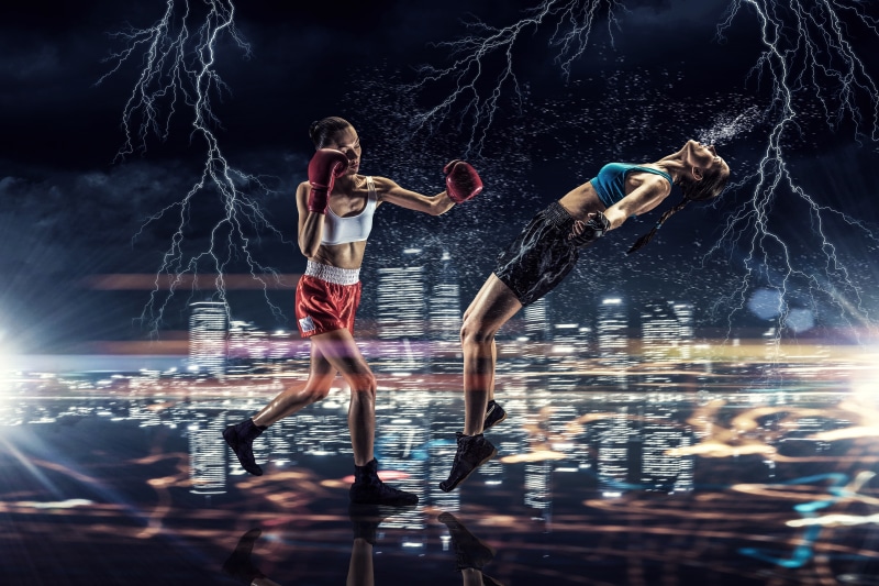 blow, Mikey, knockout, zipper, sport, briefs, gloves, Boxing, girls, athletes, 4K, rival, lights, background, two, squirt