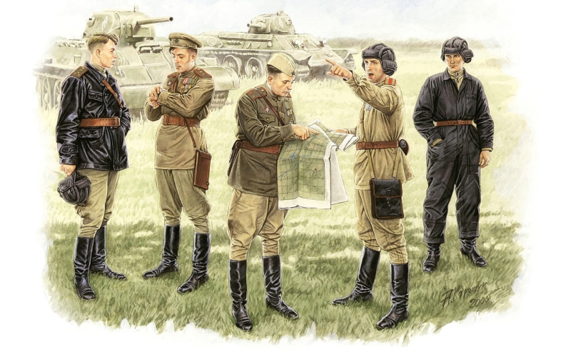 gun, group, WW2, full length, military, clothing, nature, Soviet, briefing, field, soldiers, three, males, 1080P, conditions, army soldier, painting, group of people