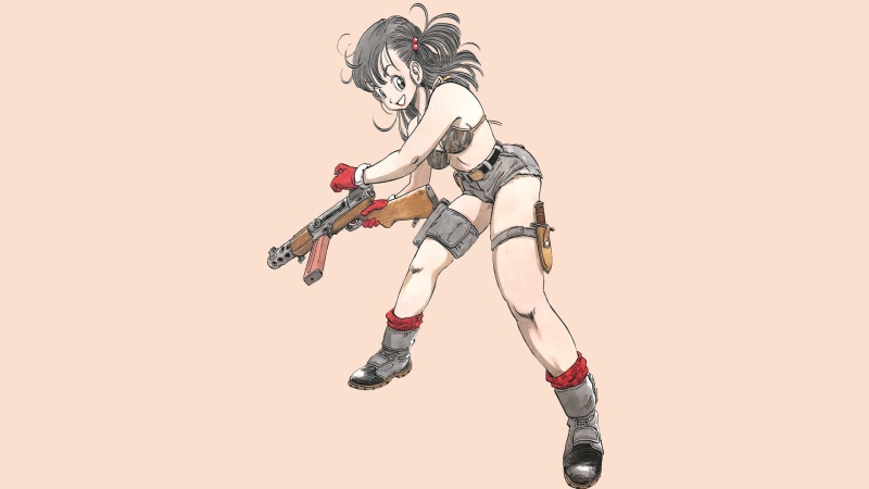 Dragon Ball, anime girls with guns, Bulma, simple background, Young Bulma, manga, 1080P, Bulma Briefs (Dragon Ball), artwork