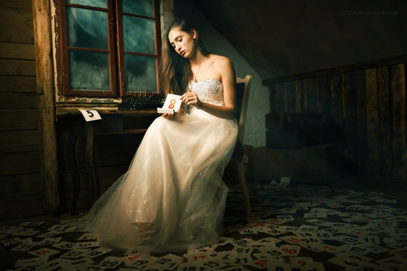 wedding dress, bride, lifestyles, full length, contemplation, sitting, young adult, newlywed, women, hairstyle, one person, 1080P, sad, wedding, love