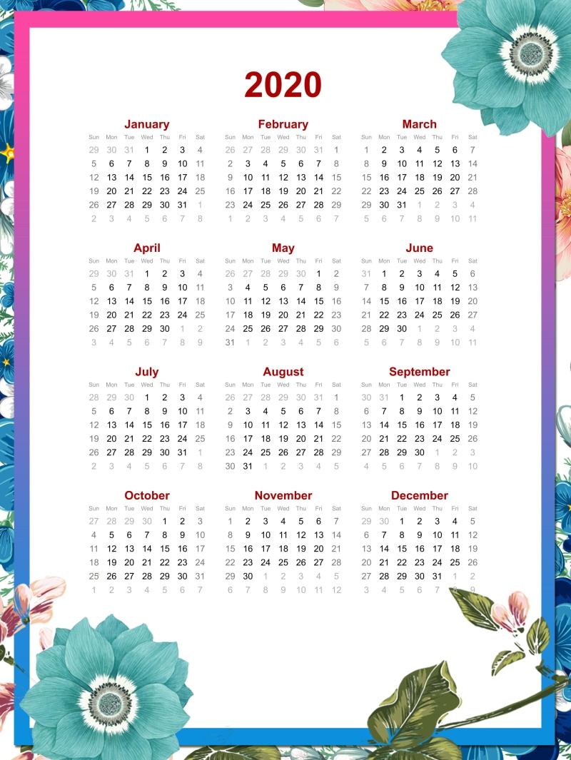 calendar, portrait display, frame, white background, 2K, 2020 (Year)