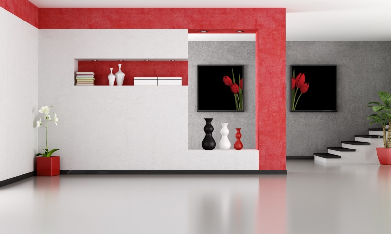 furniture, red, fireplace, built structure, wall - Building Feature, 4K, decoration, shelf, potted plant, flowering plant, modern, architecture And Buildings