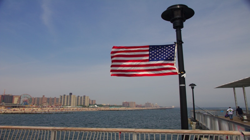 architecture, office building exterior, wind, independence, water, freedom, outdoors, no people, sky, American flag, striped, 1080P, star shape, cityscape