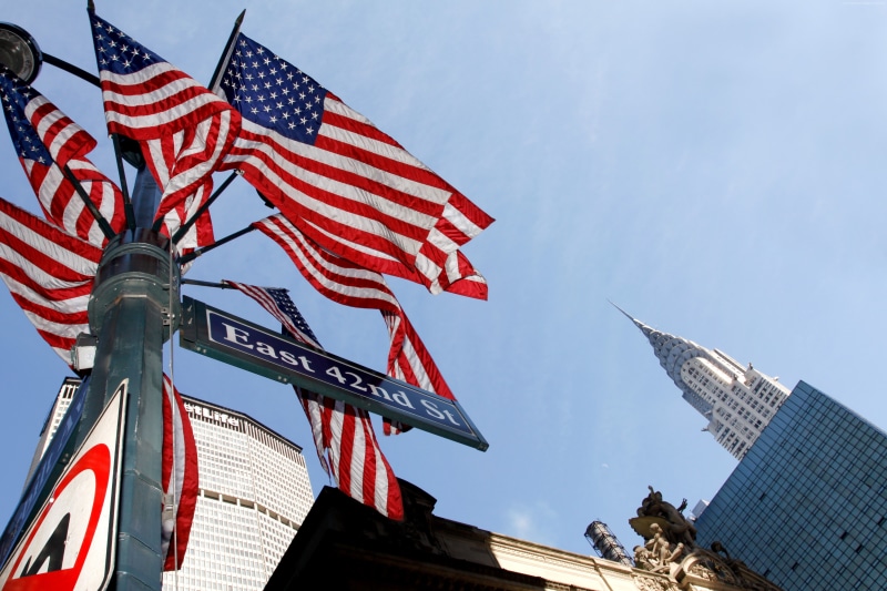 nature, building, patriotism, independence, Flag Day, democracy, 4K, outdoors, flag, renewable energy, skyscraper, low angle view, day, street, no people