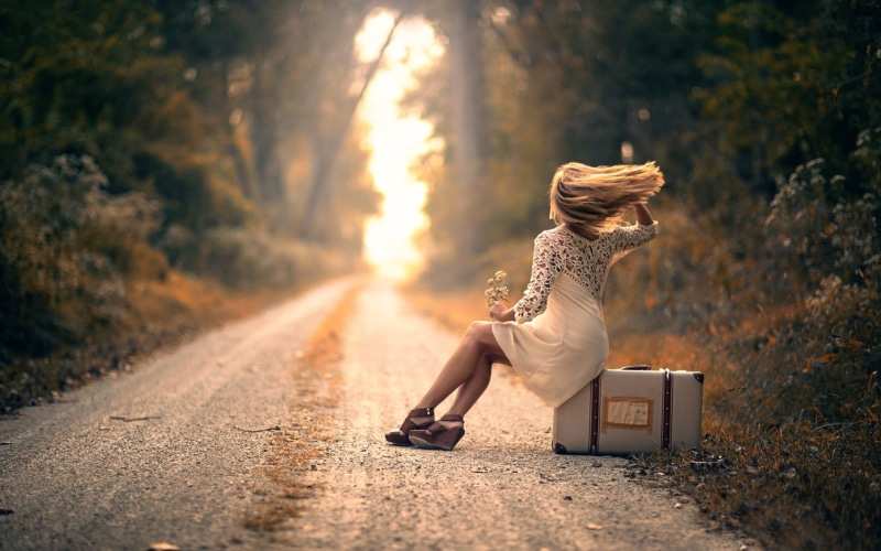women, outdoors, 720P, wedge shoes, suitcase, sunlight, hairstyle, beauty, hair, nature, sitting, plant, tree, adult, full length, one person, road, transportation