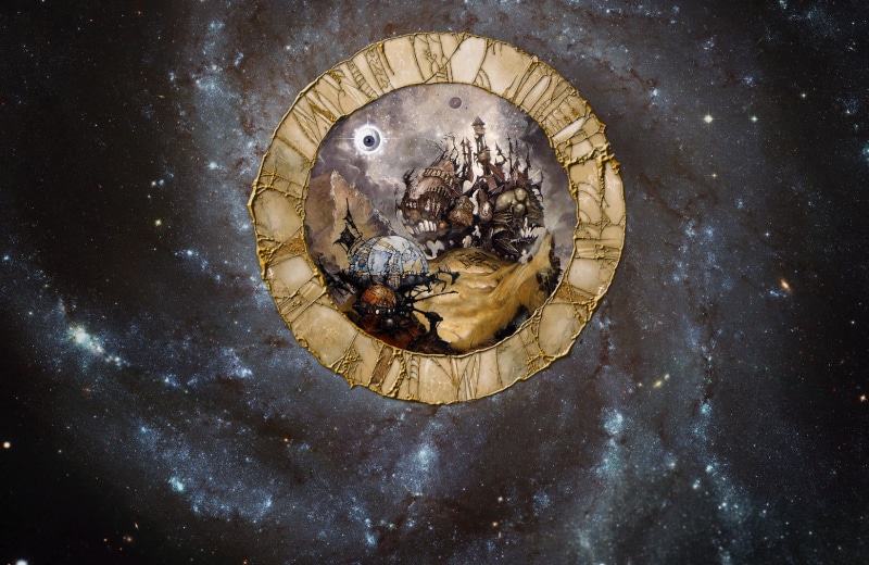 art and craft, directly above, directly below, no people, progressive metal, human representation, star - space, Ayreon, moon, band, circle, metal band