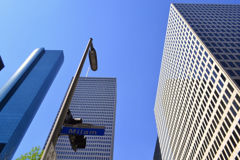 milam avenue, street lamp, work place, iconic, houston, building exterior, job, money, clear sky, social, high-rise, contemporary, building, vision, skyscraper
