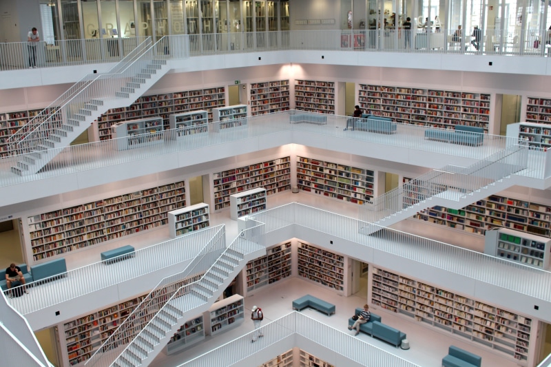 retail, shelves, staircase, daytime, read, day, study, railing, stairs, white building, city library, urban, no people, shelf, bookshelf, city, education