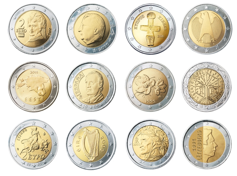 to luxembourg, europe, euro, wealth, text, coin, no people, 2, silver, order, number, large group of objects, white background, profit, 5K, studio shot