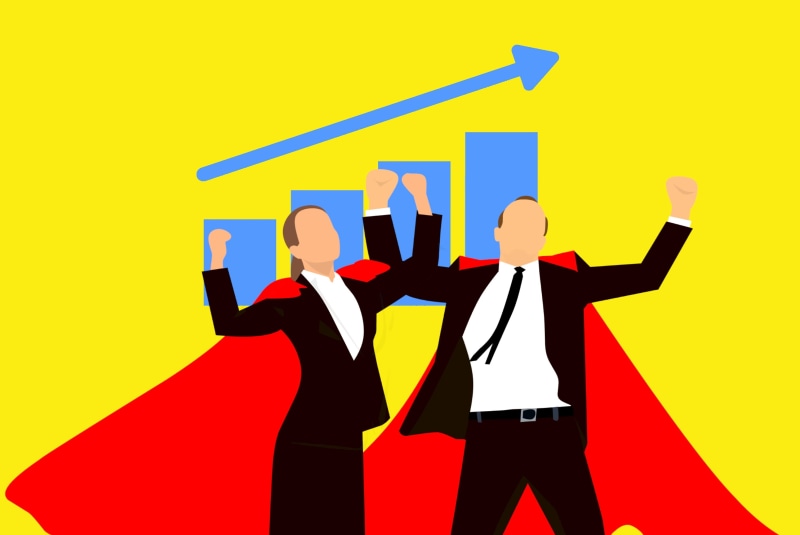 business, business person, yellow, red, growth, males, illustration, men, winning, arrow, stock exchange, human limb, coworker, revenue, wining team, two people