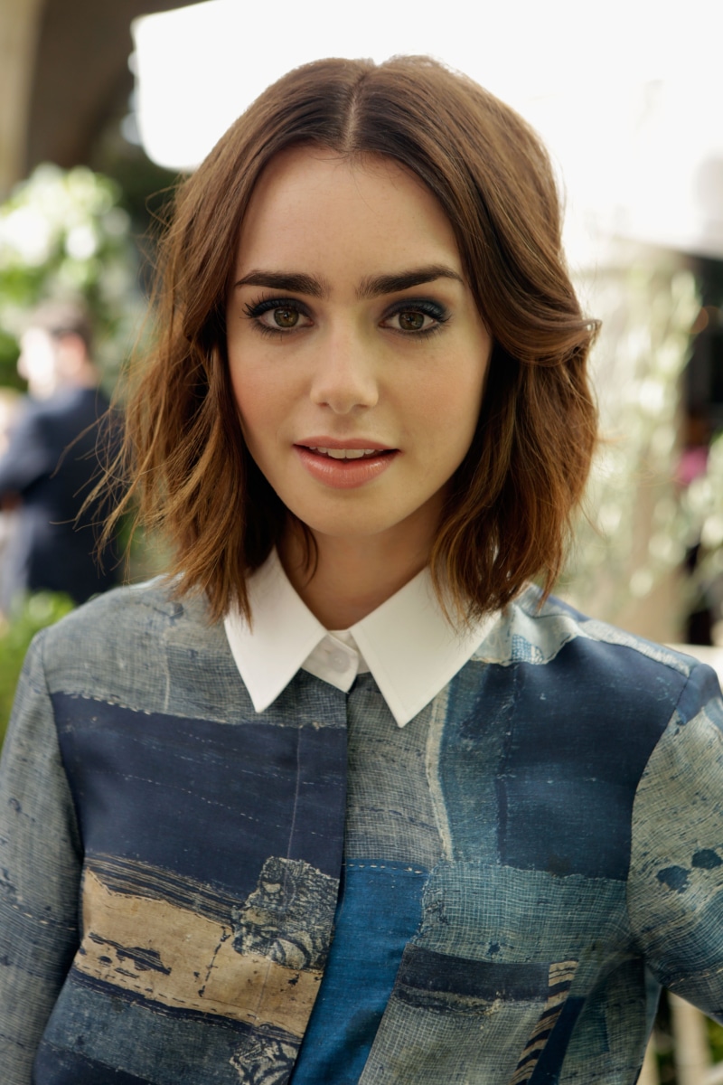 top, portrait display, front view, brunette, one person, casual clothing, adult, brown eyes, Lily Collins, focus on foreground, headshot, portrait, brown hair