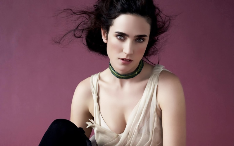 white, actress, collar, top, green, 1080P, hollywood actresses, celebrity, thinking, connelly, women, jennifer connelly, s, necklace, jennifer, sleeveless