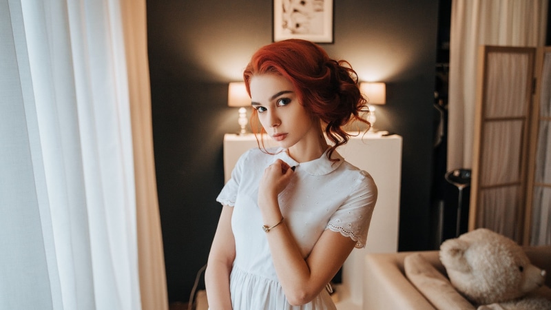 standing, beautiful people, hair, women, indoors, s, Anton Swarovsky, 1080P, beautiful woman, waist up, adult, portrait, redhead, teen , white, hairstyle