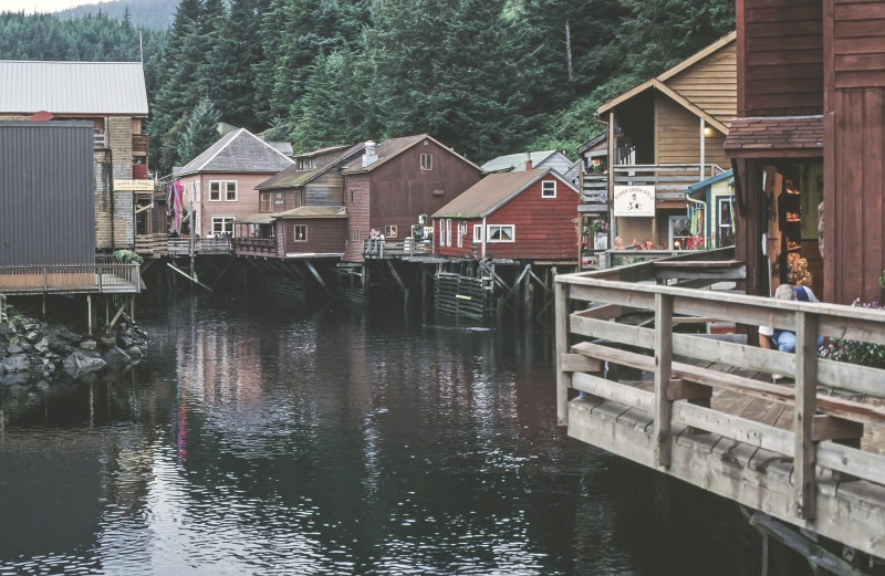 poker street gold, waterfront, river, wooden shops, day, ketchikan, built structure, building, poker, shops, reflection, united states, vintage, houses