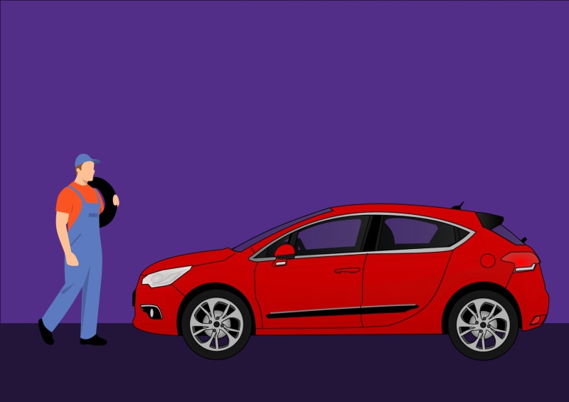 shop, carrying, black, replacement, indoors, salesman, automobile, 1080P, tyre, side view, wear, examining, background, person, garage, store, red, uniform