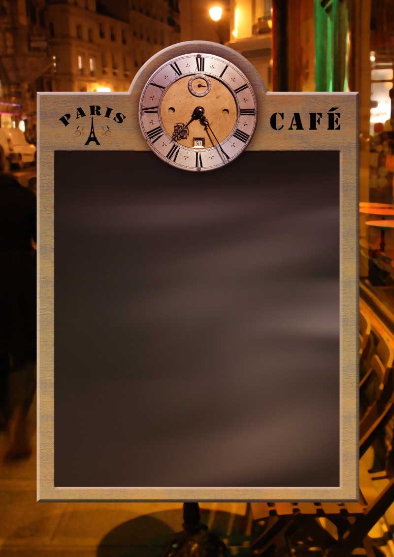 4K, no people, hanging, frame, accuracy, indoors, watch, studio shot, enter, minute hand, blank, gray, retro styled, restaurant, blackboard, menu, cafe