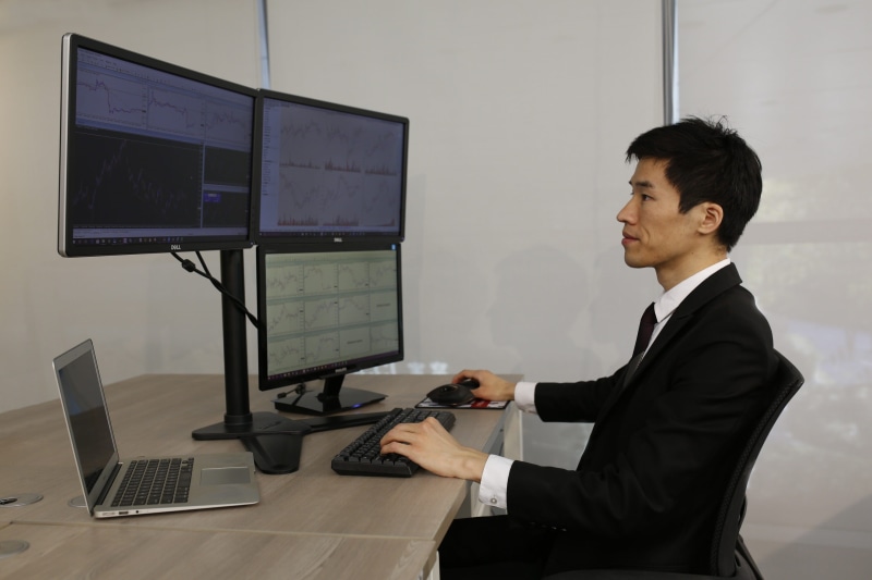 formal businesswear, computer monitor, desk trader in the financial multi-screen, technology, wireless technology, communication, person, office, business person