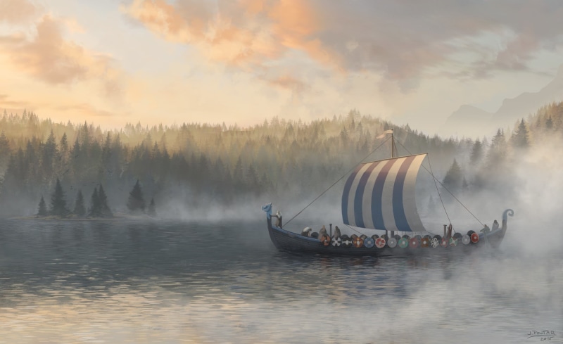 Jon Pintar, water, warriors, 1080P, boat, forest, Northern Traders